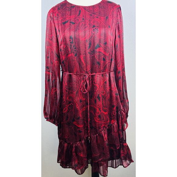 NWT Tommy Hilfiger Sz 8 Lined Asymetrical Ruffle Belt Zipper Blouson Sleeve Red - Picture 2 of 13